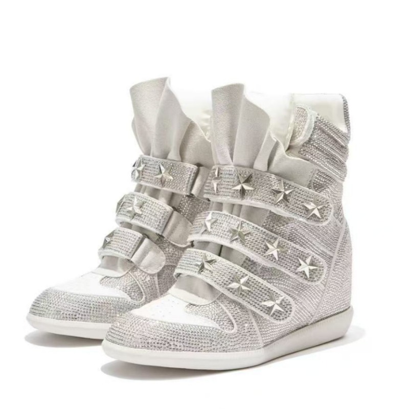 Women'S Fashion Velcro Sneakers - High‑Top Hidden Wedge Sneakers 5.5CM Rhinestone