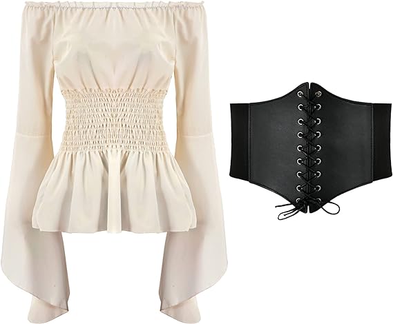 Belted Shirt Dress - Womens Renaissance Blouse Tops Corset Black