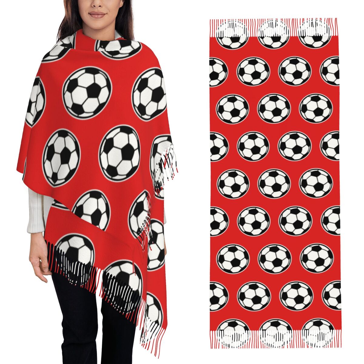Women Fashion Icon - Soccer Ball Football Icon Scarf Tassel