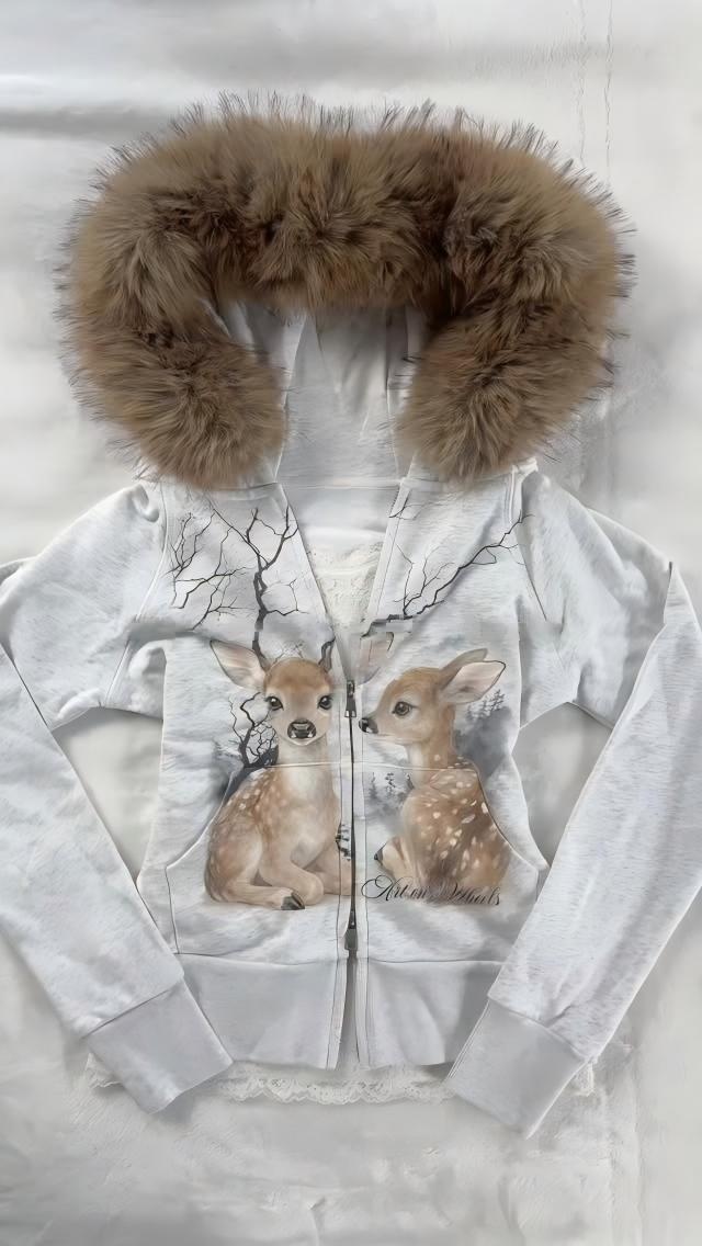 American Retro Deer Print Fur- - огляд і ціна Women'S Fashion Zip Hoodie