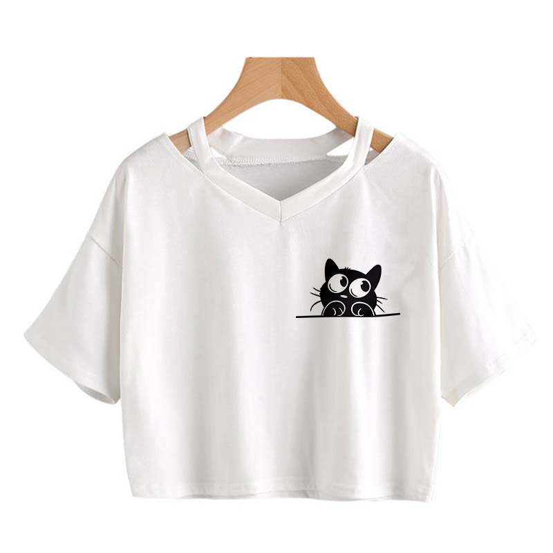 Funny Black Cat Print Cropped  - огляд і ціна Women'S Fashion From The 90S